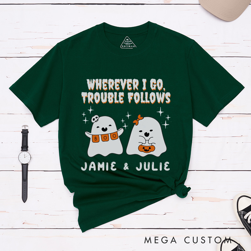 Personalized Halloween Where I Go Trouble Follows Cute Ghost Couple Matching Shirt 