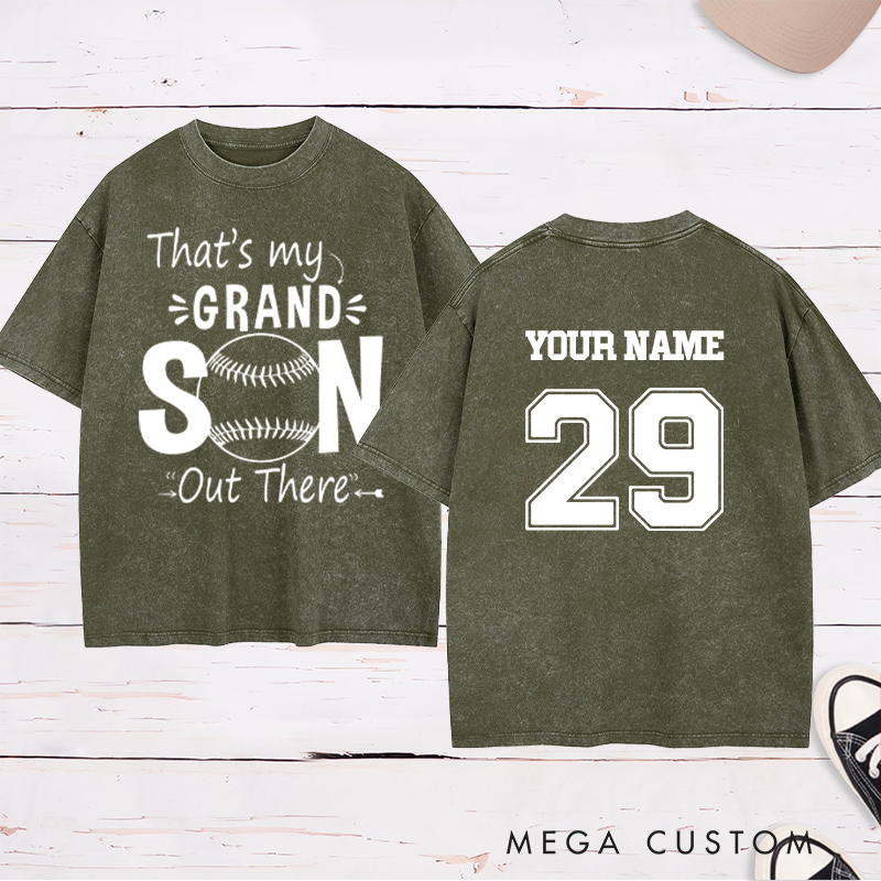 Personalized "That's My Grandson" Baseball Washed T-Shirt with Custom Name and Number