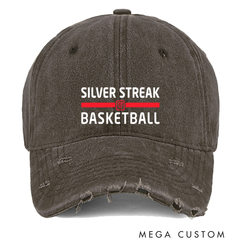 Personalized Distressed Denim Basketball Cap with Custom Team Name and Classic Design