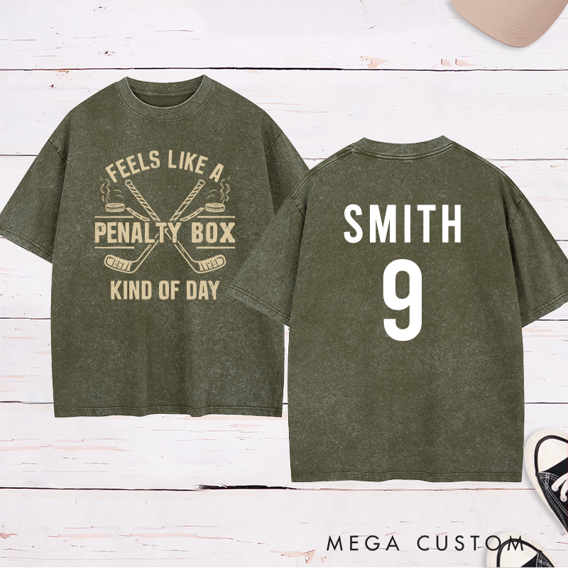 Personalized "Penalty Box Kind of Day" Hockey Washed T-Shirt with Custom Name and Number