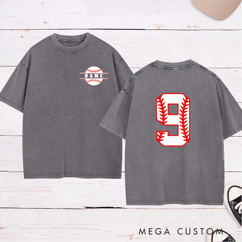 Personalized Sports Fan Washed T-Shirt with Unique Baseball-Inspired Number and Name Print