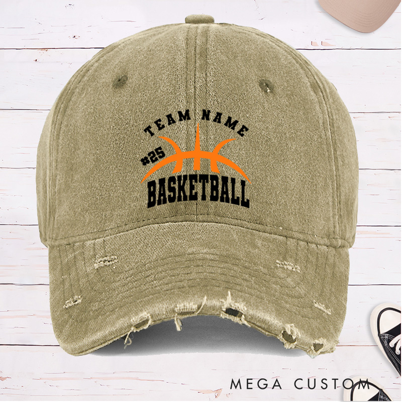 Personalized Distressed Denim Basketball Cap with Custom Team Name Player Number and Basketball Graphic Design