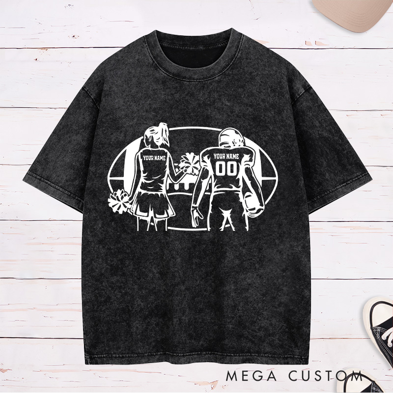 Personalized American Football Cheerleader Washed T-Shirts with Custom Name and Number