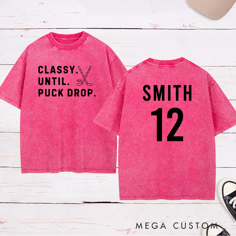 Personalized "Classy Until Puck Drop" Hockey Washed T-Shirt with Custom Name and Number