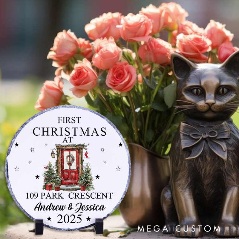 Personalized First Christmas at Our New Home Decorative Plaque Custom Festive Door Design with Address and Names Tabletop Display Perfect for Housewarming Gift Keepsake