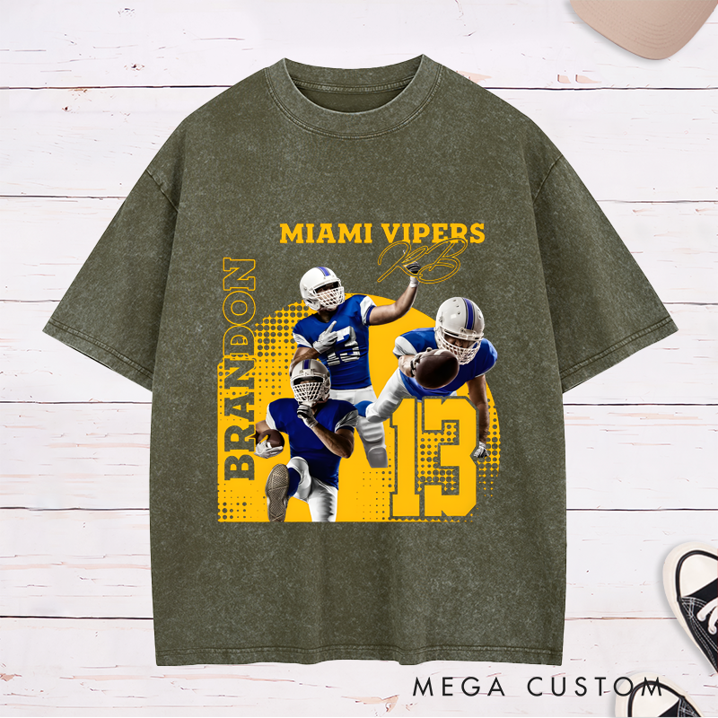 Personalized Washed American Football T-Shirt with Custom Photo, Name, Team Name, and Number Design