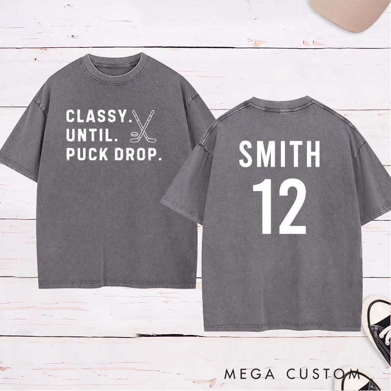 Personalized "Classy Until Puck Drop" Hockey Washed T-Shirt with Custom Name and Number