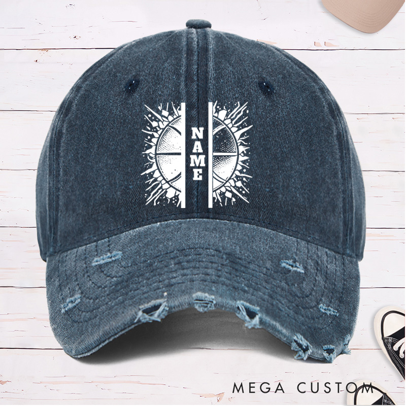 Personalized Distressed Denim Basketball Cap with Custom Name and Split Basketball Graphic Design