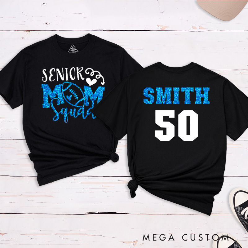 Personalized American Football and Rugby Glitter Senior Mom T-Shirts with Custom Name and Number