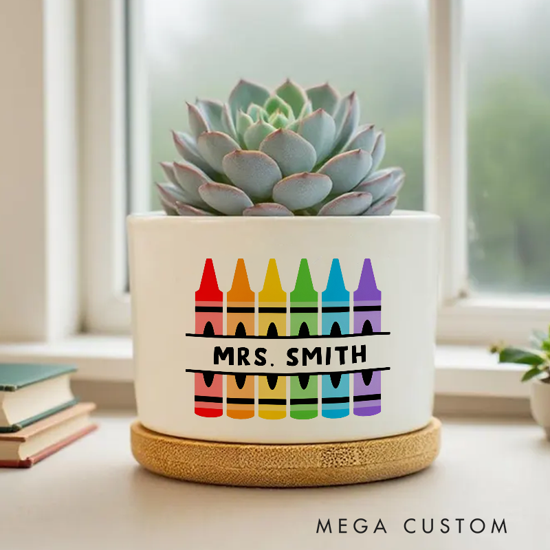 Personalized Teacher Ceramic Plant Pot Colorful Crayon Design Fun Vibrant Gift for Teachers