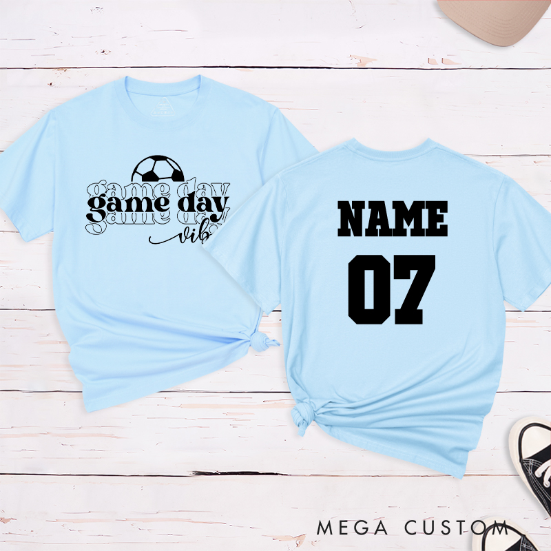 Personalized Game Day Vibes T-Shirt Featuring Layered Typography and Custom Name and Number
