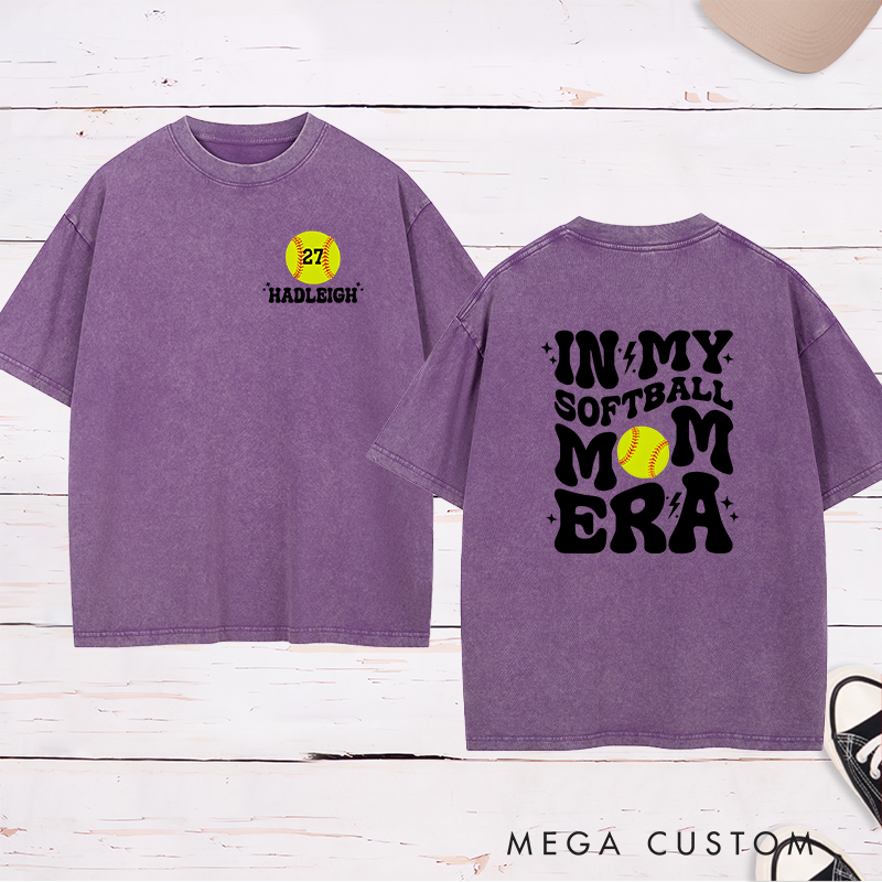 Personalized Softball Mom Washed T-Shirt Design Featuring Bold Retro Text Custom Player Number and Name with Softball Graphic