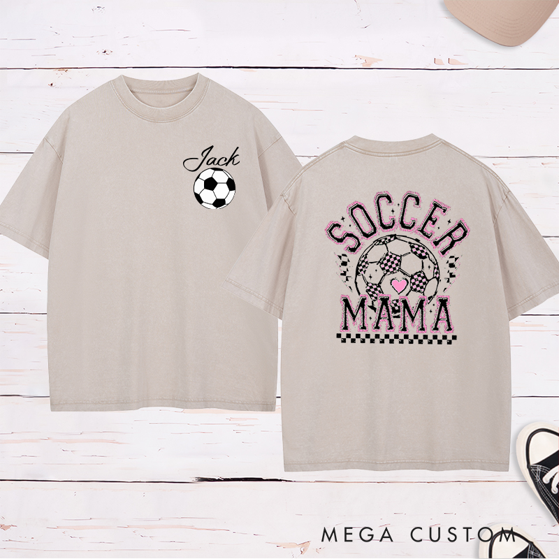 Personalized Soccer Mama Washed T-Shirt with Vibrant Pink Details and Custom Name and Number 