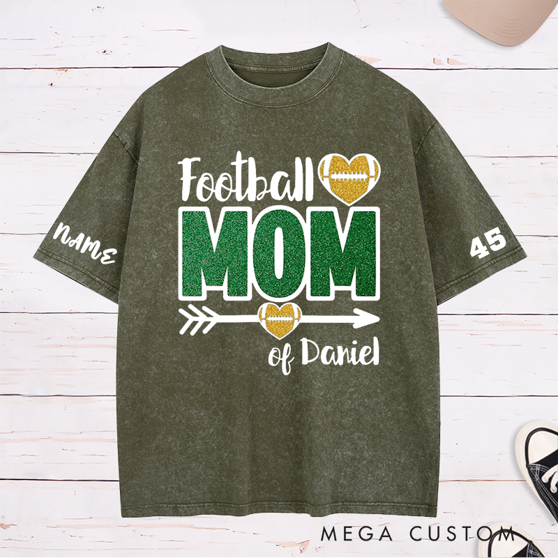 Personalized American Football Mom Washed T-Shirts Featuring Custom Team Name and Number for Game Day Fans