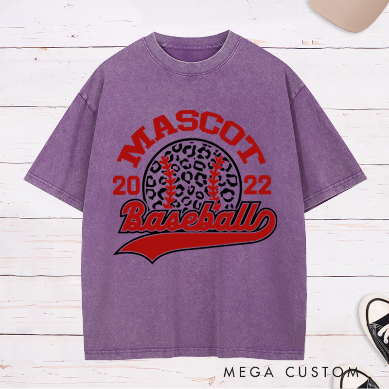 Personalized Team Baseball Washed T-Shirt Custom Name, Year and Trendy Leopard Design