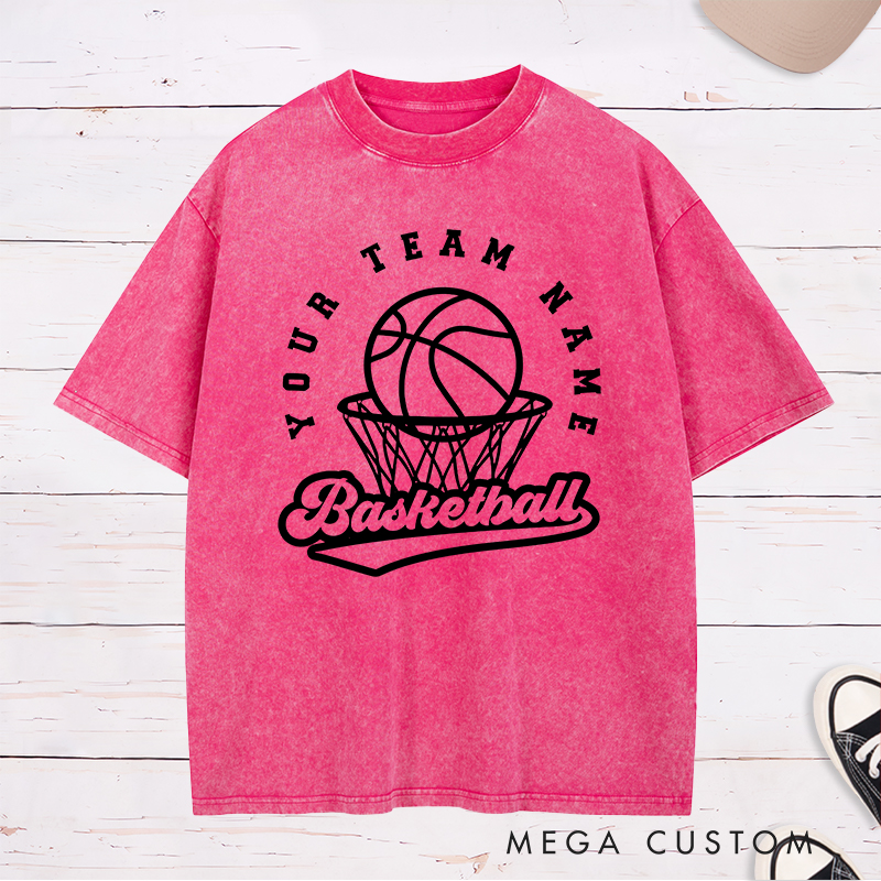 Personalized Washed T-Shirt Design Featuring Custom Team Name with Basketball Hoop and Ball Graphic for a Classic Sporty Look
