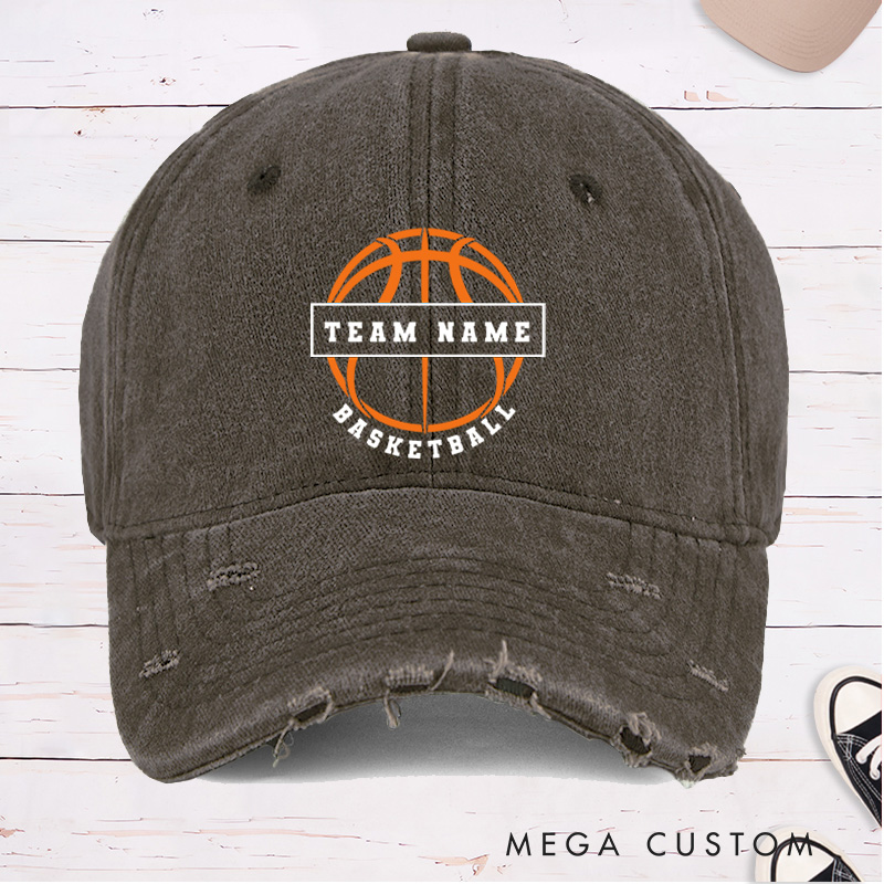 Personalized Distressed Denim Basketball Cap with Custom Team Name and Basketball Graphic Design