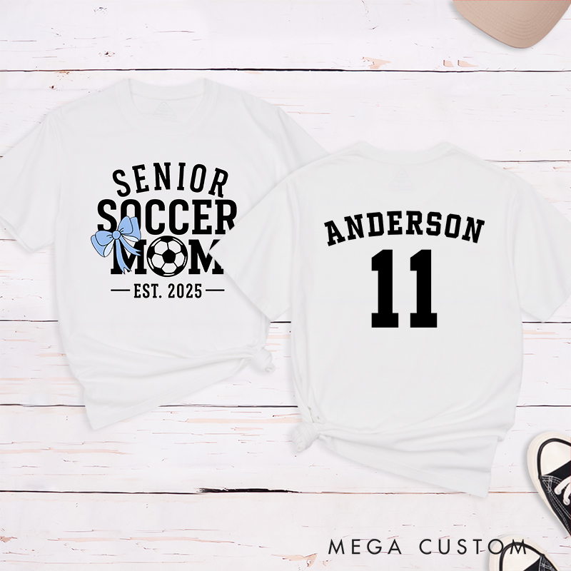 Personalized Senior Soccer Mom T-Shirt with Custom Name, Number, and Graduation Year