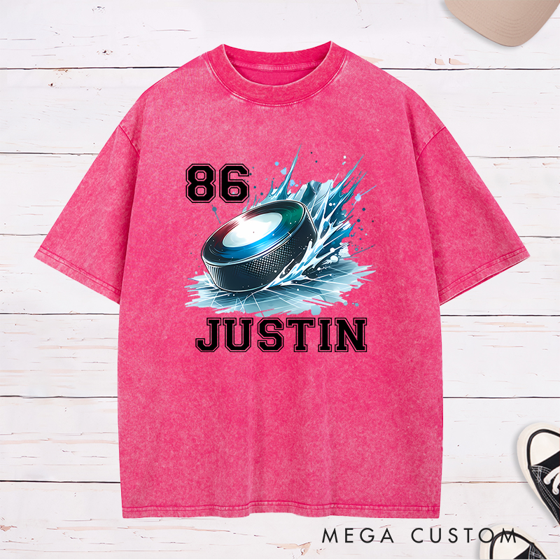 Personalized Hockey Washed T-Shirt with Splashed Ice Puck Design and Custom Name
