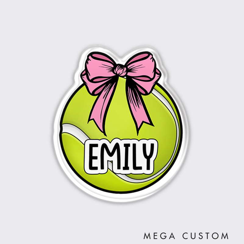 Personalized Tennis Ball Fridge Magnet Cute Pink Bow with Custom Name 