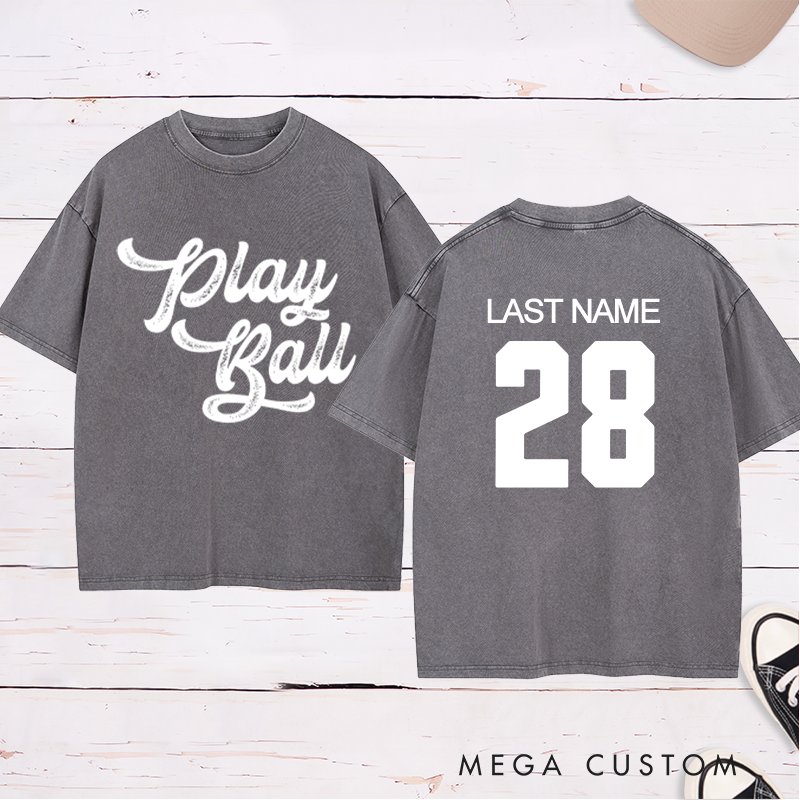 Personalized "Play Ball" Washed T-Shirt with Custom Name and Number