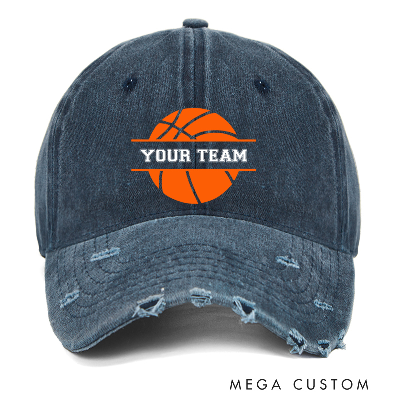 [Copy]Personalized Distressed Denim Basketball Cap with Custom Team Name Player Title and Number Design