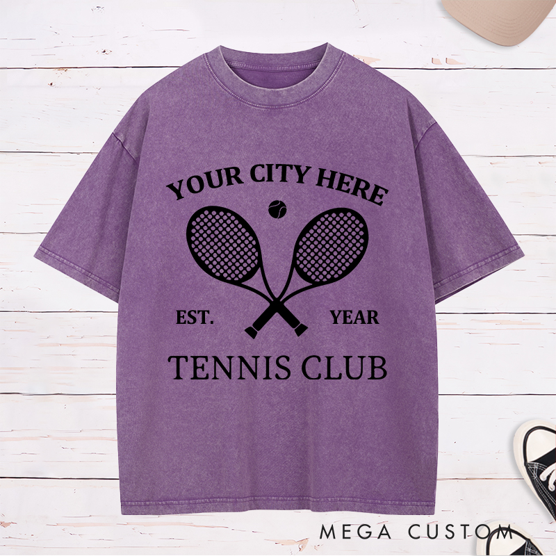 Personalized Tennis Washed T-Shirt Featuring Timeless Club Logo and Custom Name and Year
