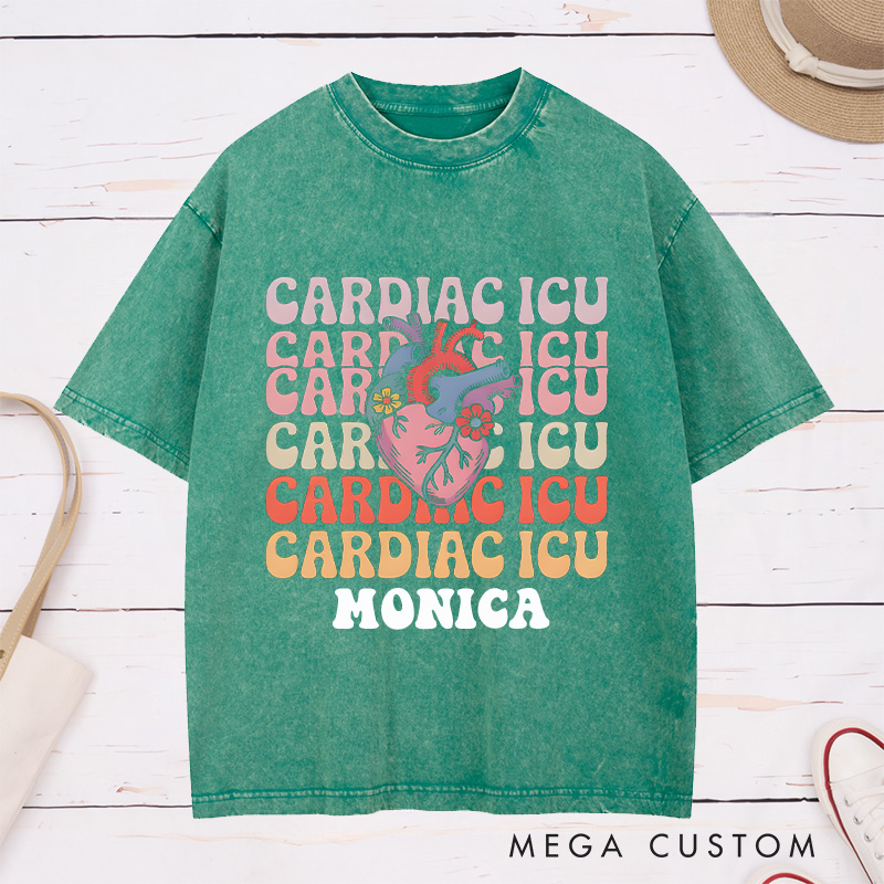 Personalized Nurse Washed T-Shirt Customized Cardiac ICU Design Washed T-Shirt 