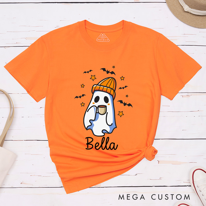 Personalized Coffee-Drinking Ghost Couple Halloween Funny Matching T-Shirt