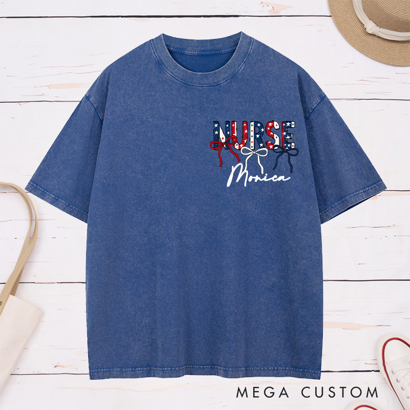 Personalized Nurse Washed T-Shirt Customized Patriotic Nurse Design Washed T-Shirt 