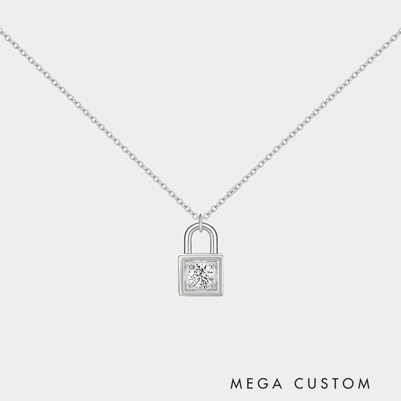 Personalized sterling silver lock necklace – customizable with engraving and a birthstone pendant.