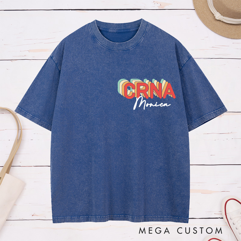 Personalized Nurse Washed T-Shirt Customized Vintage Brown CRNA Design Washed T-Shirt 