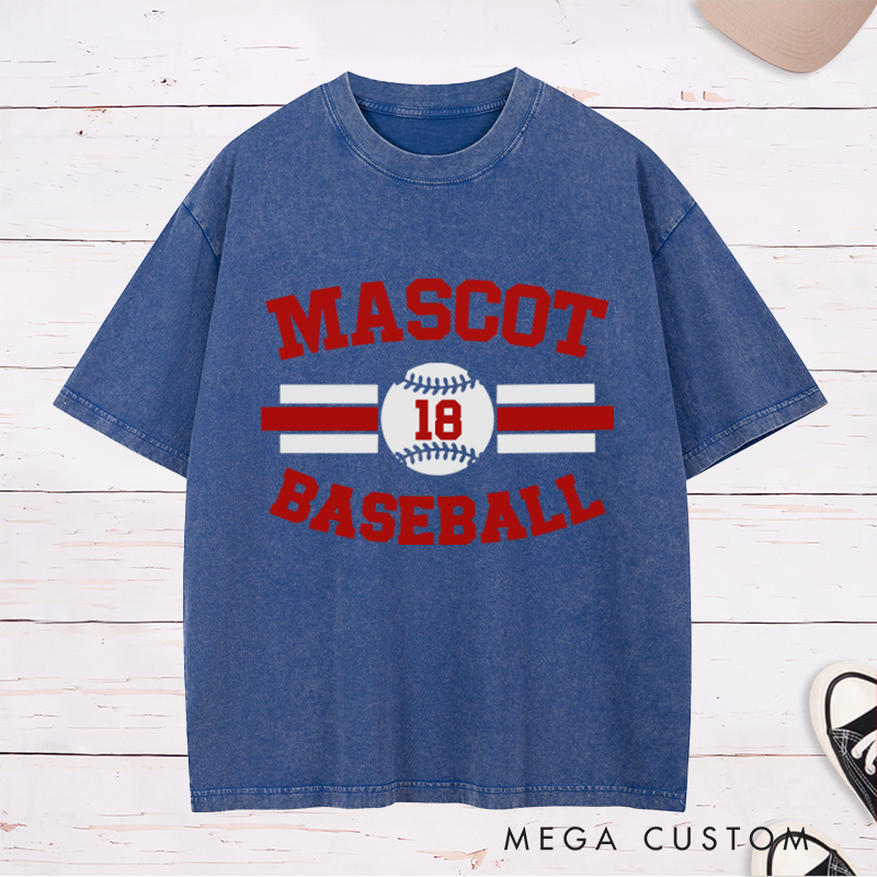 Personalized Baseball Washed T-Shirt with Custom Name and Striking Stripe and Ball Graphics