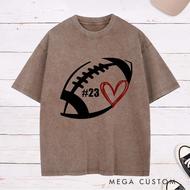 Personalized American Football and Rugby Washed T-Shirts Featuring Custom Number on the Front