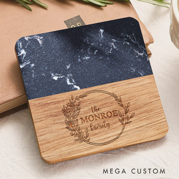 Personalized Floral Wreath Family Coaster Custom Marble Wooden Coaster Housewarming Gifts New Home Gift Christmas Gifts Home Decor