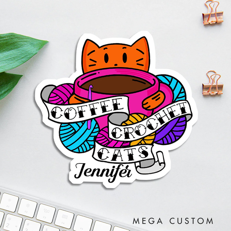 Personalized Coffee Crochet Cats Sticker Funny Crochet Lovers Sticker Crocheter Gift for Crocheting Lover