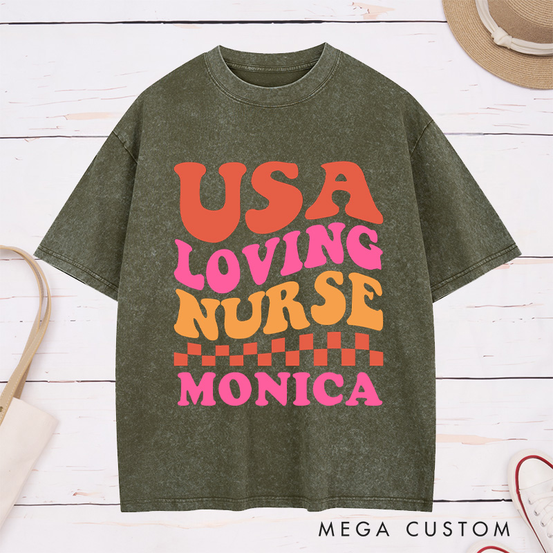 Personalized Nurse Washed T-Shirt Customized USA Loving Nurse Design Washed T-Shirt 