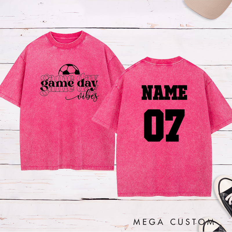 Personalized Game Day Vibes Washed T-Shirt Featuring Layered Typography and Custom Name and Number