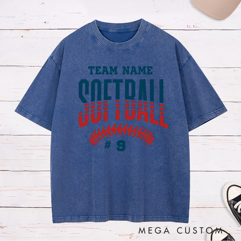 Personalized Softball Washed T-Shirt Featuring Customizable Team Name Player Number Bold Gradient Block Lettering and Dynamic Softball Stitch Graphic for a Striking and Unified Look
