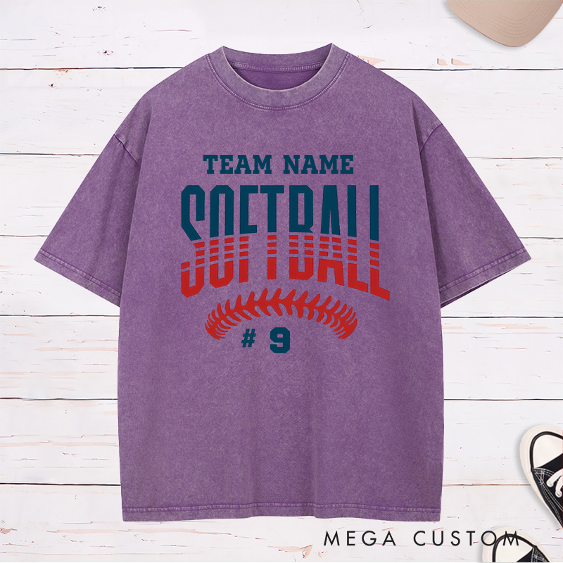Personalized Softball Washed T-Shirt Featuring Customizable Team Name Player Number Bold Gradient Block Lettering and Dynamic Softball Stitch Graphic for a Striking and Unified Look