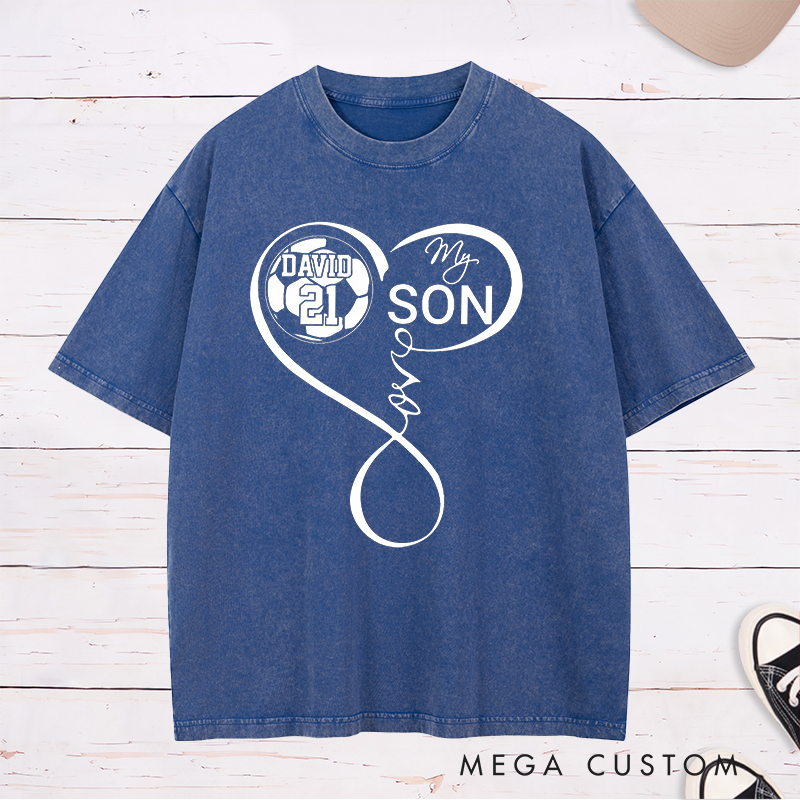 Personalized "My Son" Soccer Washed T-Shirt with Heart Design and Custom Name and Number