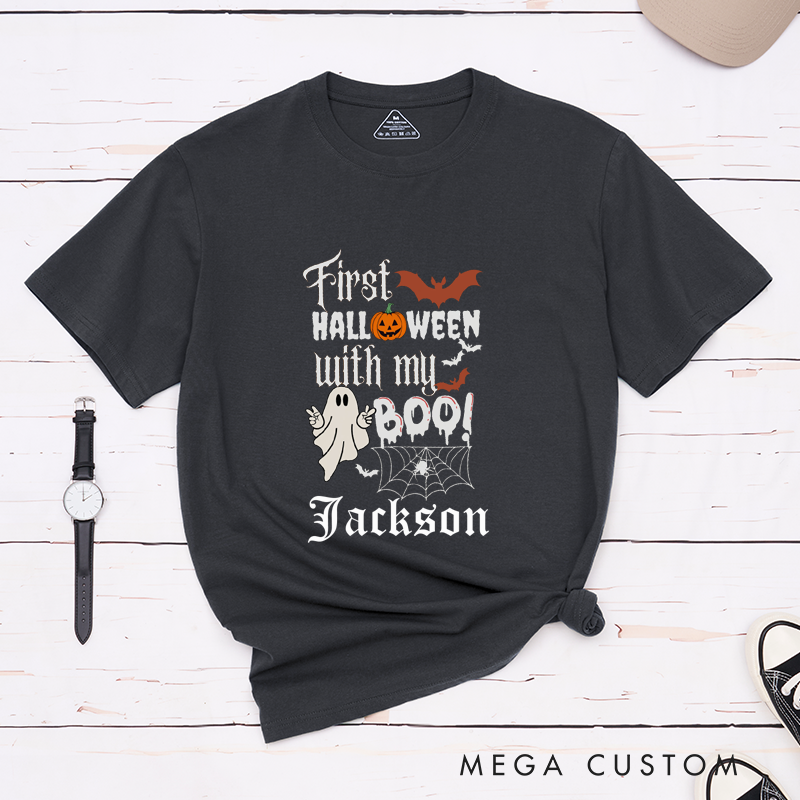 Personalized First Halloween Couple Matching T-Shirt Halloween With My Boo T-Shirt For Boyfriend and Girlfriend