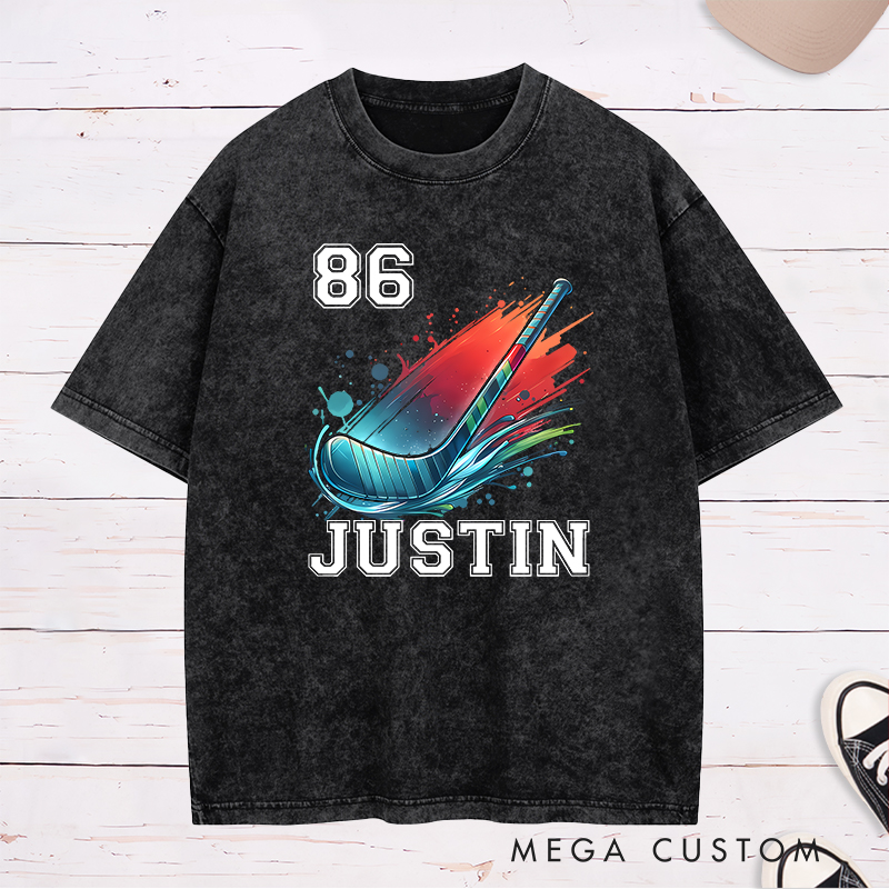 Personalized Athletic Washed T-Shirt with Hockey Stick and Customizable Name