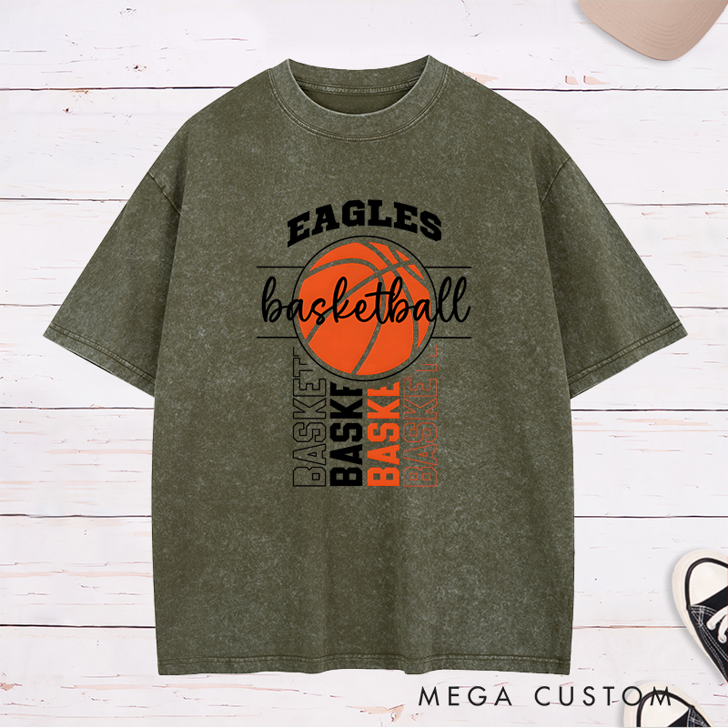 Personalized Washed T-Shirt Design Featuring Bold Basketball Graphics and Customizable Team Name