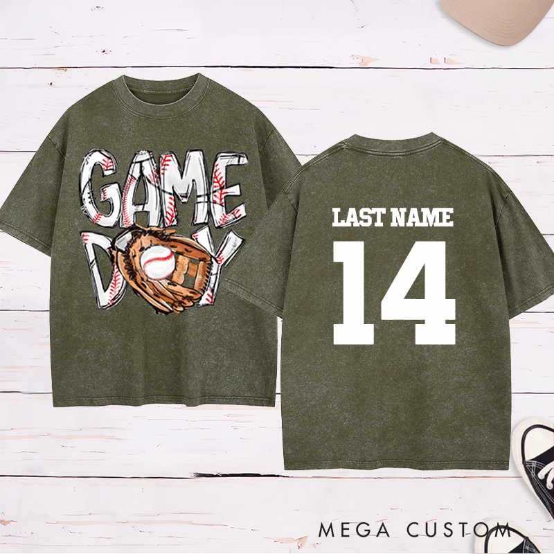Personalized "Game Day" Baseball Washed T-Shirt with Custom Name and Number 
