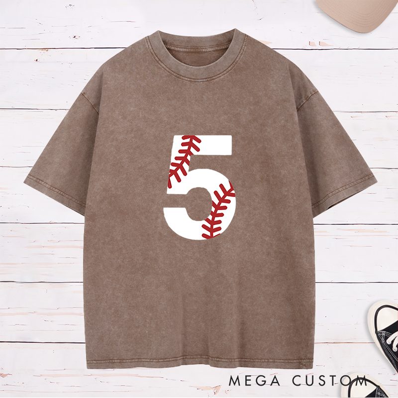 Personalized Baseball Washed T-Shirt with Distressed Number Design for a Unique Look