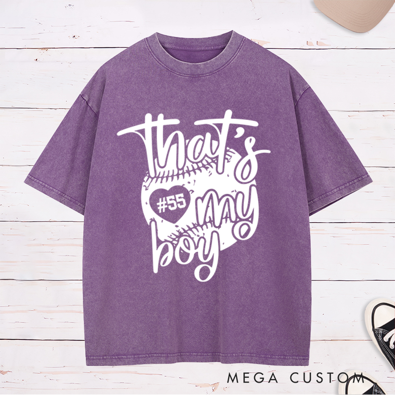 Personalized "That's My Boy" Baseball Mom Washed T-Shirt with Custom Number