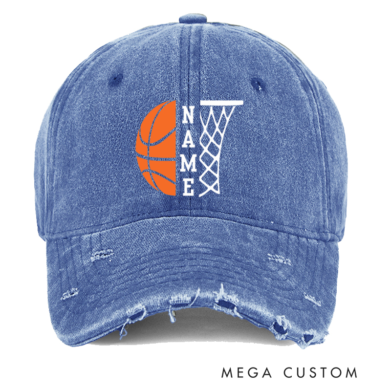 Personalized Distressed Denim Basketball Cap with Custom Name Basketball Graphic and Hoop Design