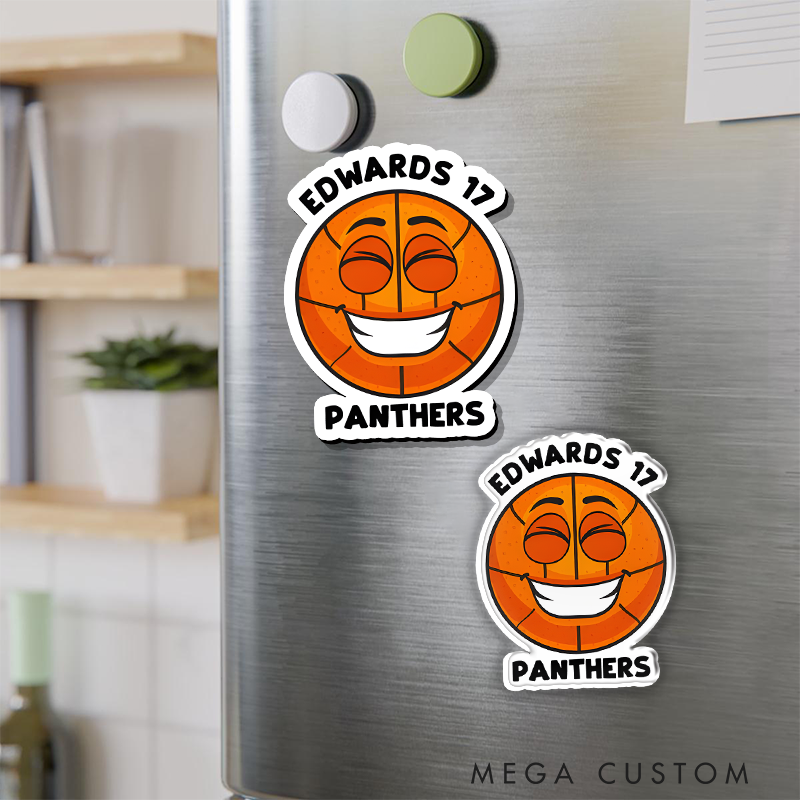 Personalized Basketball Refrigerator Magnet with Smiling Basketball Custom Name Jersey Number and Team Name Design