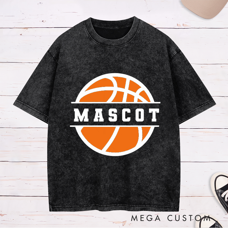 Personalized Washed T-Shirt Design Featuring Bold Basketball Graphic with Customizable Team Name in Center Band